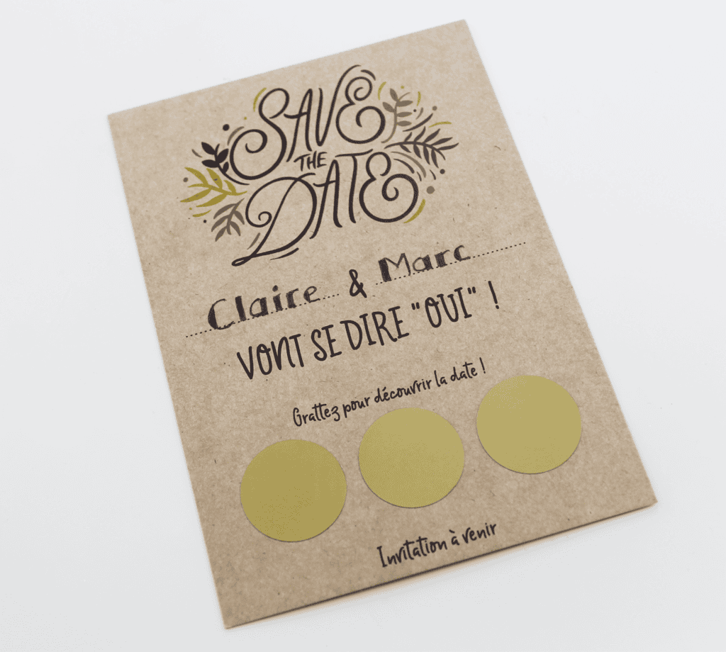 Save the date à gratter, faire-part de mariage à personnaliser - Kraft et végétal pour mariage champêtre, rustique