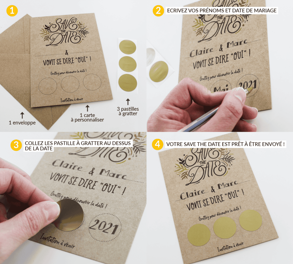 Save the date à gratter, faire-part de mariage à personnaliser - Kraft et végétal pour mariage champêtre, rustique
