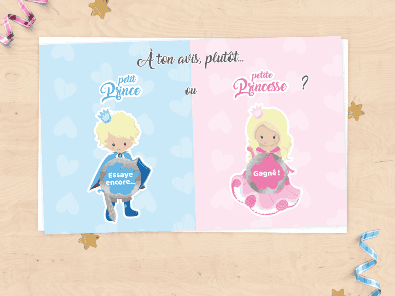Mini carte à gratter annonce grossesse, sexe du bébé, fille ou garçon - Prince ou Princesse