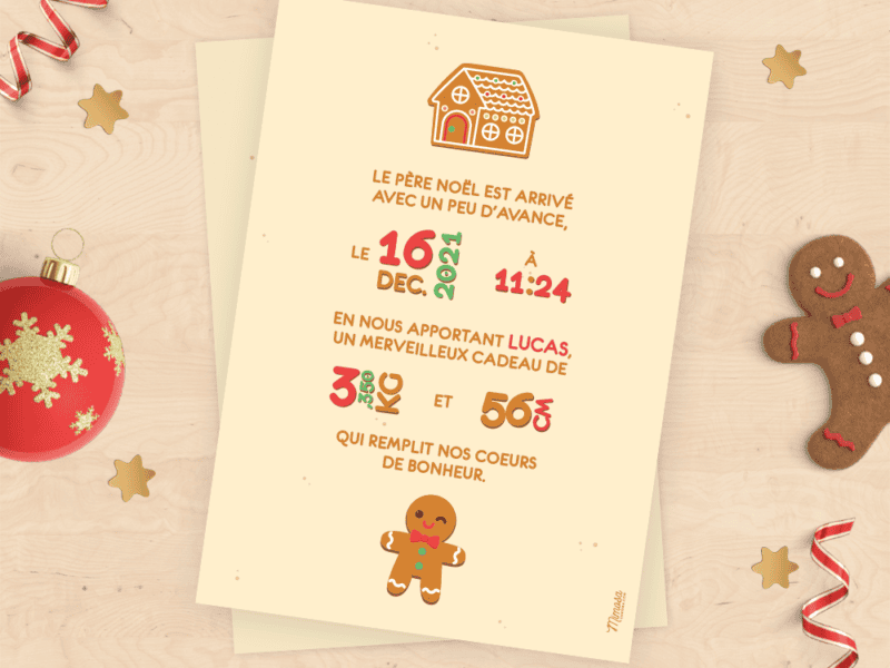 Faire-part de naissance pour bébé de Noël – Collection Pain d’épices Faire-part de naissance pour bébé de Noël - Collection Pain d'épices