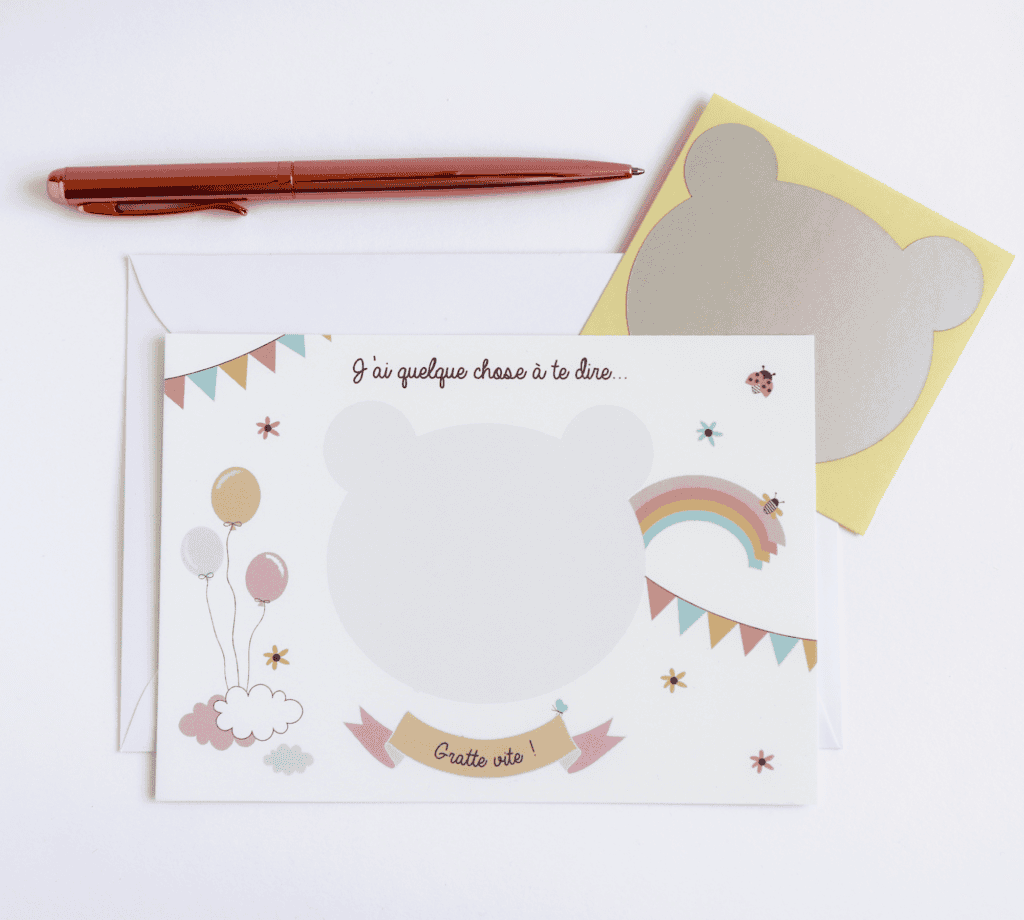 Carte à gratter à personnaliser pour demande de parrain/marraine, annonce grossesse - Nounours