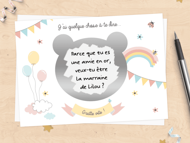 Carte à gratter à personnaliser pour demande de parrain/marraine, annonce grossesse - Nounours