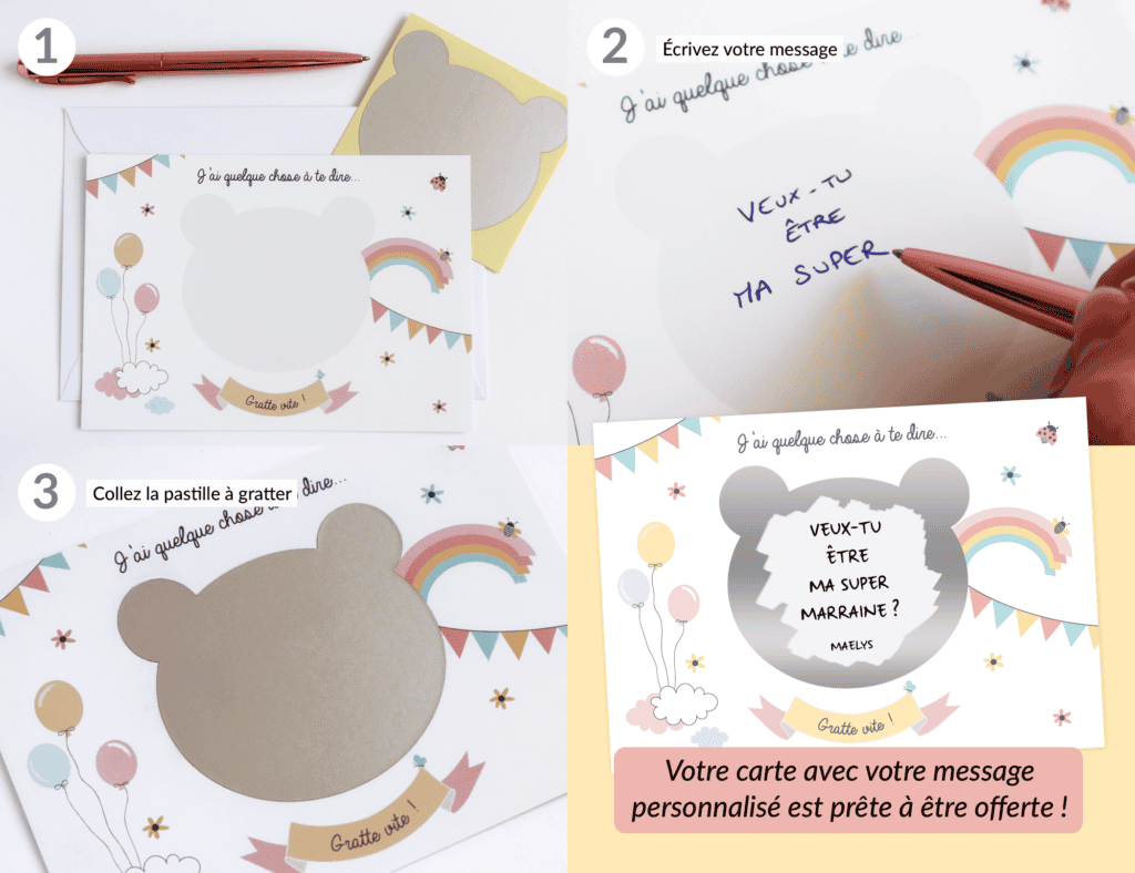 Carte à gratter à personnaliser pour demande de parrain/marraine, annonce grossesse - Nounours
