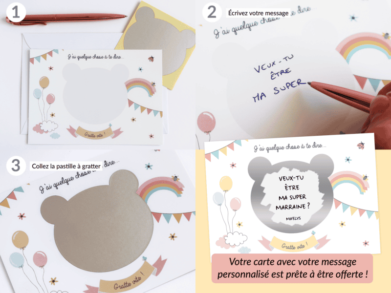 Carte à gratter à personnaliser pour demande de parrain/marraine, annonce grossesse - Nounours