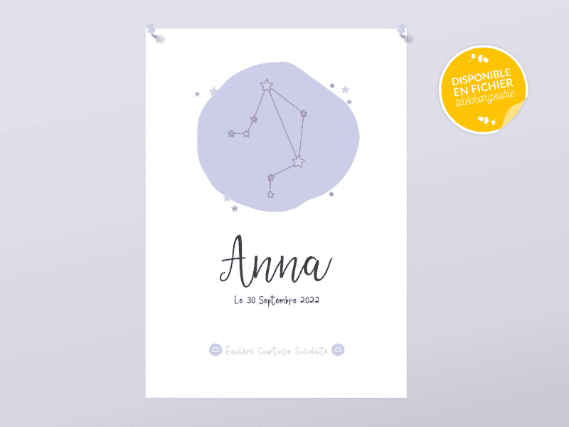 Affiche de naissance personnalisée pour chambre de bébé ou enfant – Cadeau de naissance, affiche signe astrologique Affiche de naissance personnalisée pour chambre de bébé ou enfant - Cadeau de naissance, affiche signe astrologique