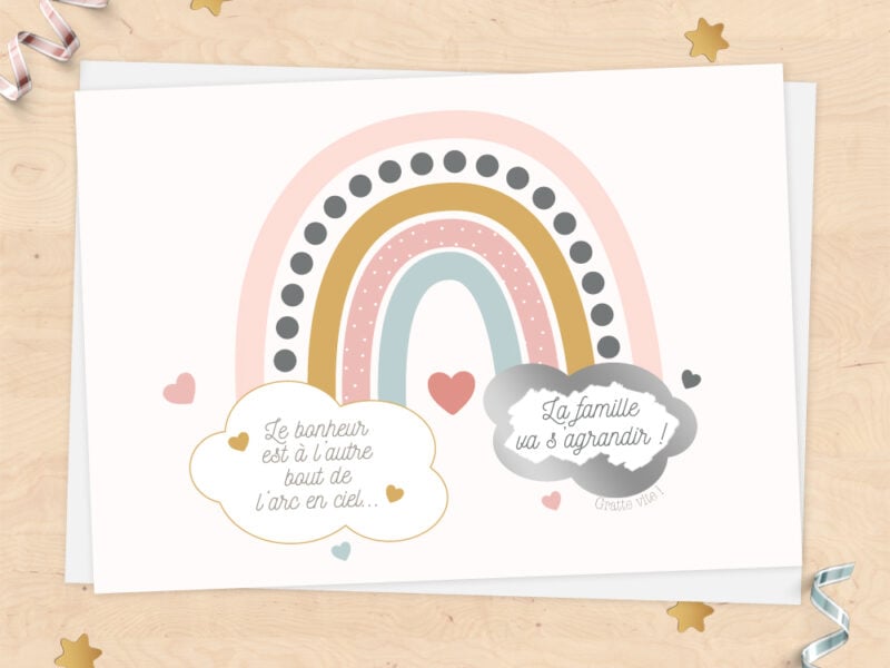Carte à gratter annonce grossesse "La famille va s'agrandir !" - Collection arc-en-ciel