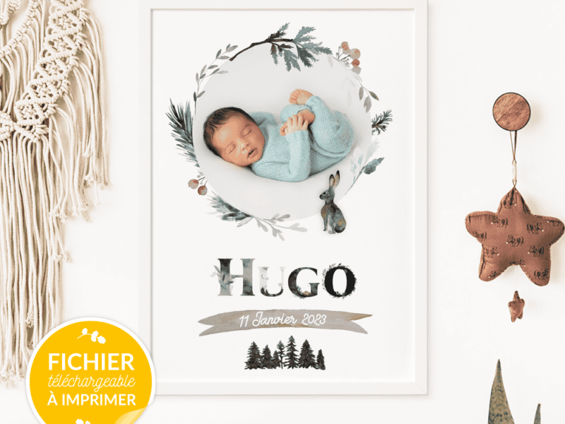 Affiche de naissance personnalisée pour chambre de bébé - Collection forêt hivernale