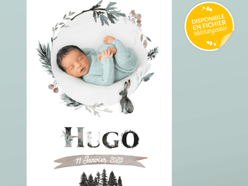Affiche de naissance personnalisée pour chambre de bébé – Collection forêt hivernale Affiche de naissance personnalisée pour chambre de bébé - Collection forêt hivernale