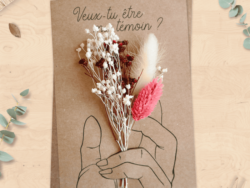 Carte avec fleurs séchées pour demande de témoin, demande en mariage