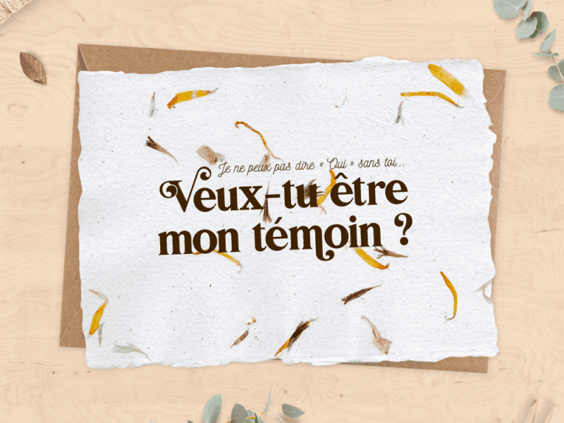 Carte pour demande de témoin de mariage ou demoiselle d'honneur - Papier artisanal aux pétales de fleurs