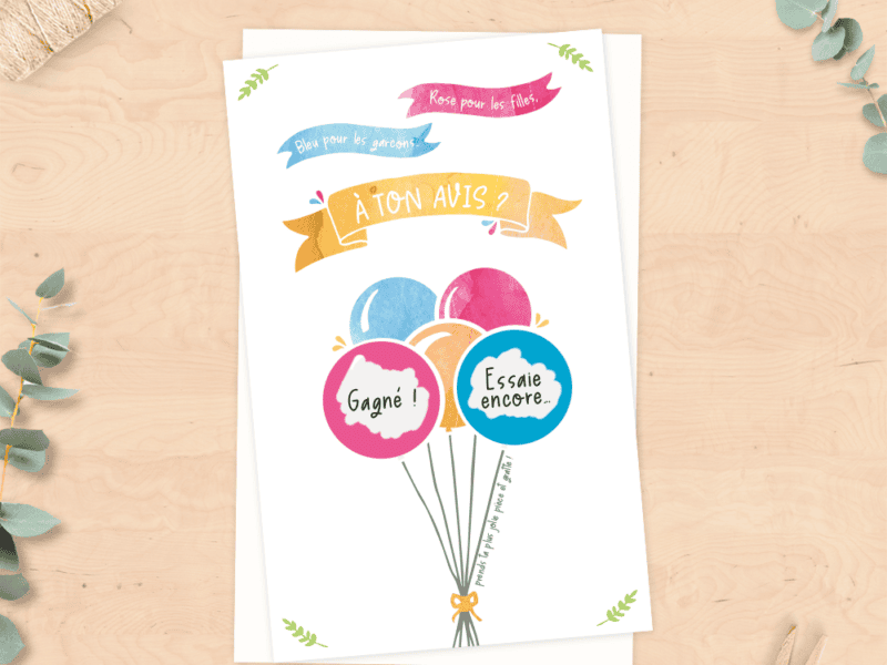Mini carte à gratter annonce grossesse, sexe du bébé, fille ou garçon - collection ballons