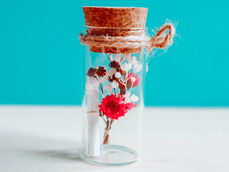 Fiole pour annonce grossesse, demande témoin - petite bouteille en verre avec fleurs séchées - message personnalisé