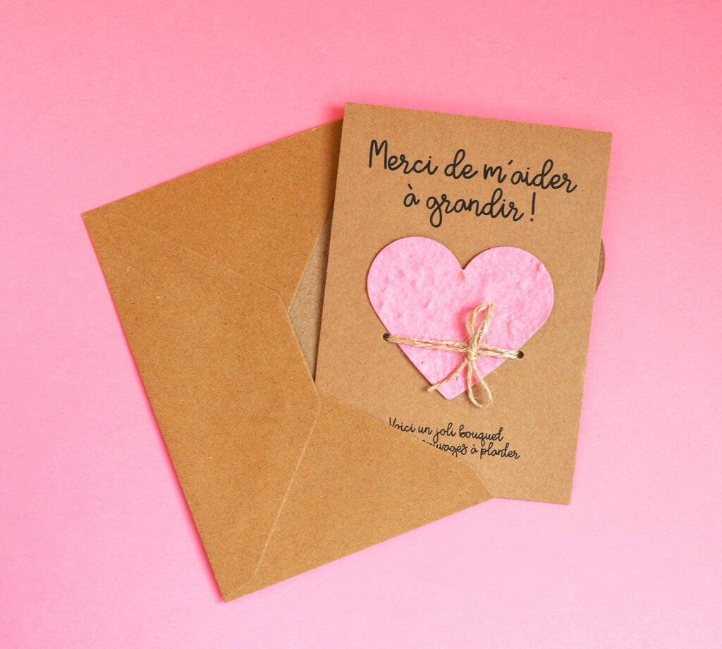 Carte pour cadeau nounou, Maîtresse, ATSEM avec coeur à planter