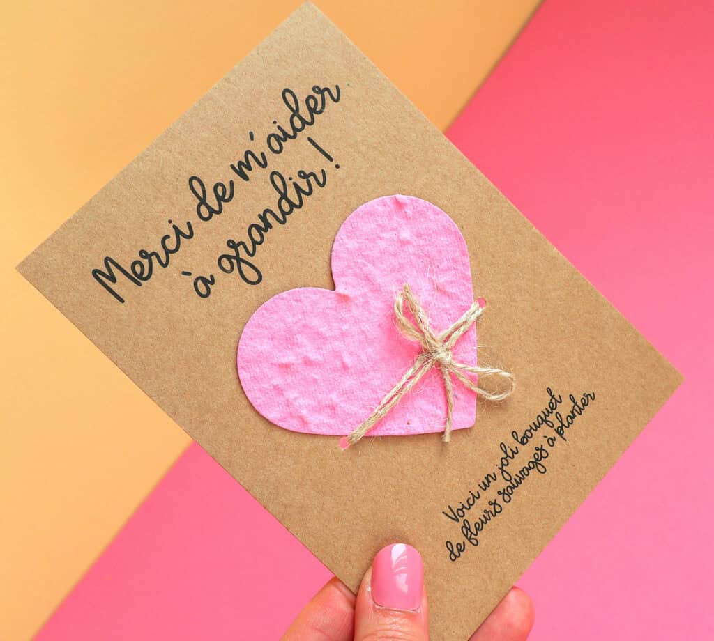 Carte pour cadeau nounou, Maîtresse, ATSEM avec coeur à planter