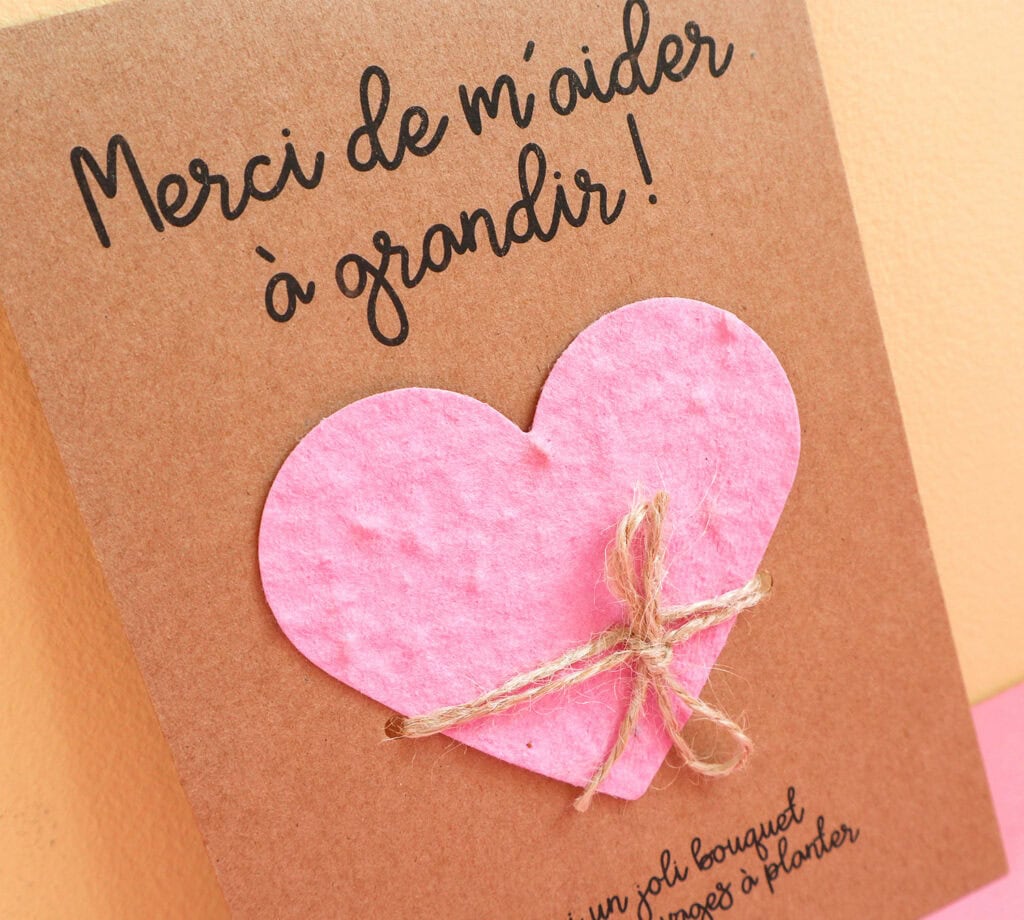 Carte pour cadeau nounou, Maîtresse, ATSEM avec coeur à planter