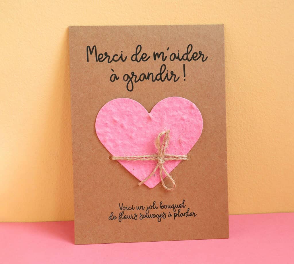 Carte pour cadeau nounou, Maîtresse, ATSEM avec coeur à planter