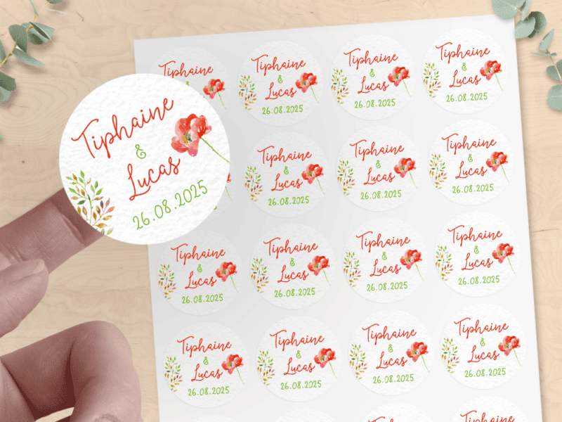 Lot de 24 stickers mariage - Collection coquelicot