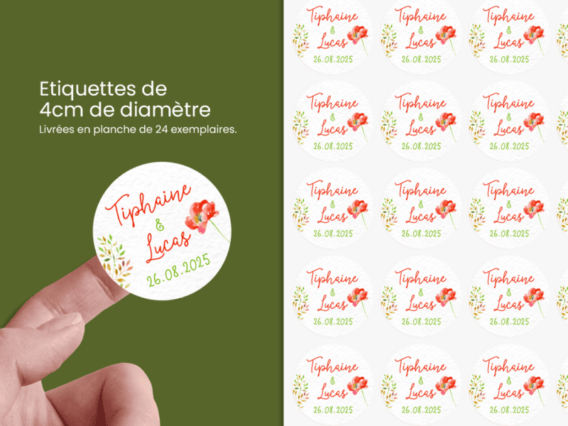 Lot de 24 stickers mariage - Collection coquelicot