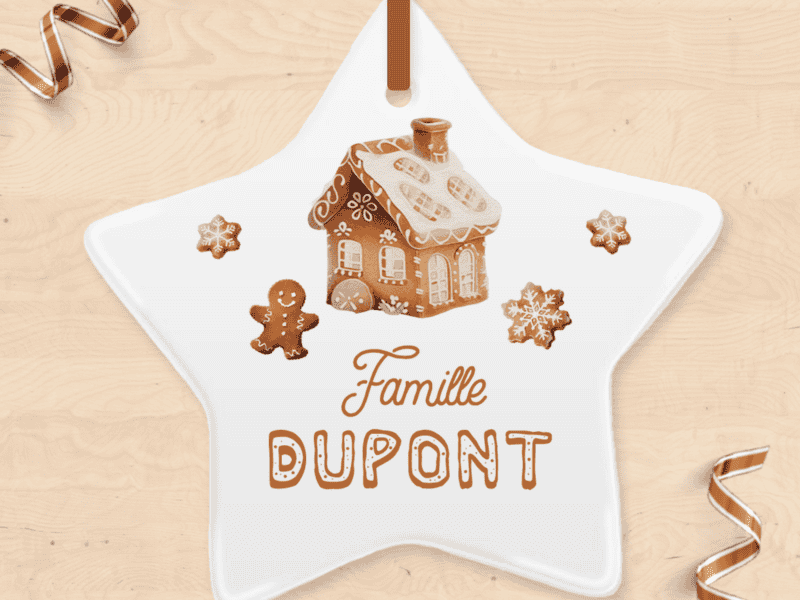 Boule de Noël personnalisée, ornement sapin avec maison et bonhomme de pain d'épices