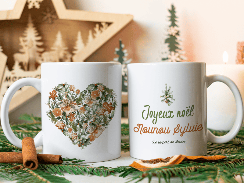 Mug personnalisé pour cadeau de Noël, merci nounou, maîtresse – style noël traditionnel, scandinave Mug personnalisé pour cadeau de Noël, merci nounou, maîtresse - style noël traditionnel, scandinave