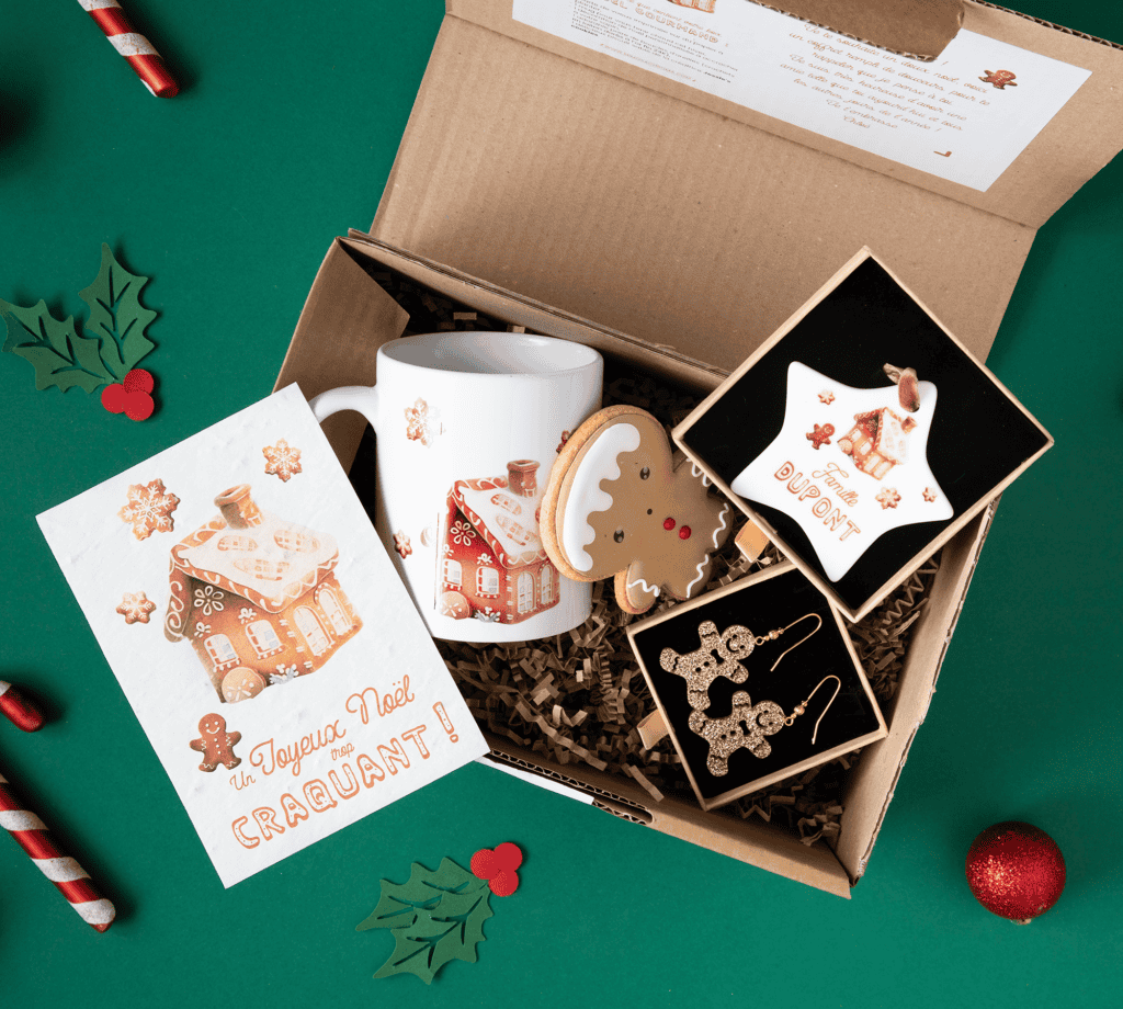 Box cadeau Noël gourmand - Coffret cadeaux personnalisés, thème maison et bonhomme de pain d'épices