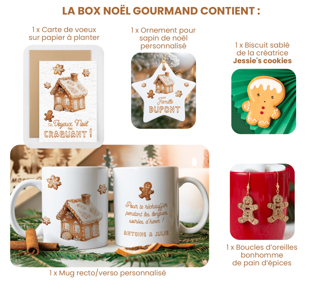 Box cadeau Noël gourmand - Coffret cadeaux personnalisés, thème maison et bonhomme de pain d'épices