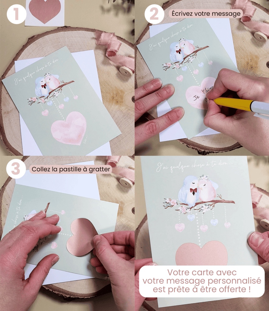 Carte à gratter à personnaliser pour demande en mariage, pacs, déclaration d'amour, fiançailles - Oiseaux Saint Valentin