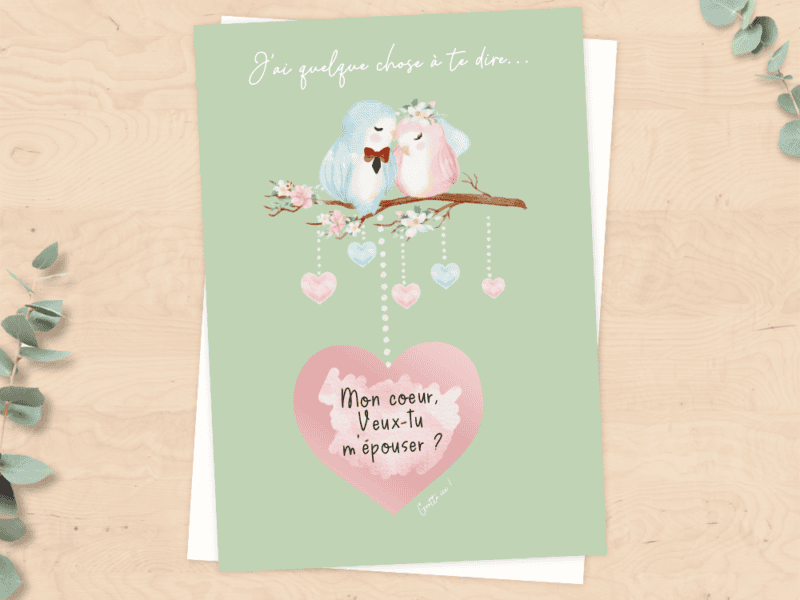 Carte à gratter à personnaliser pour demande en mariage, pacs, déclaration d'amour, fiançailles - Oiseaux Saint Valentin
