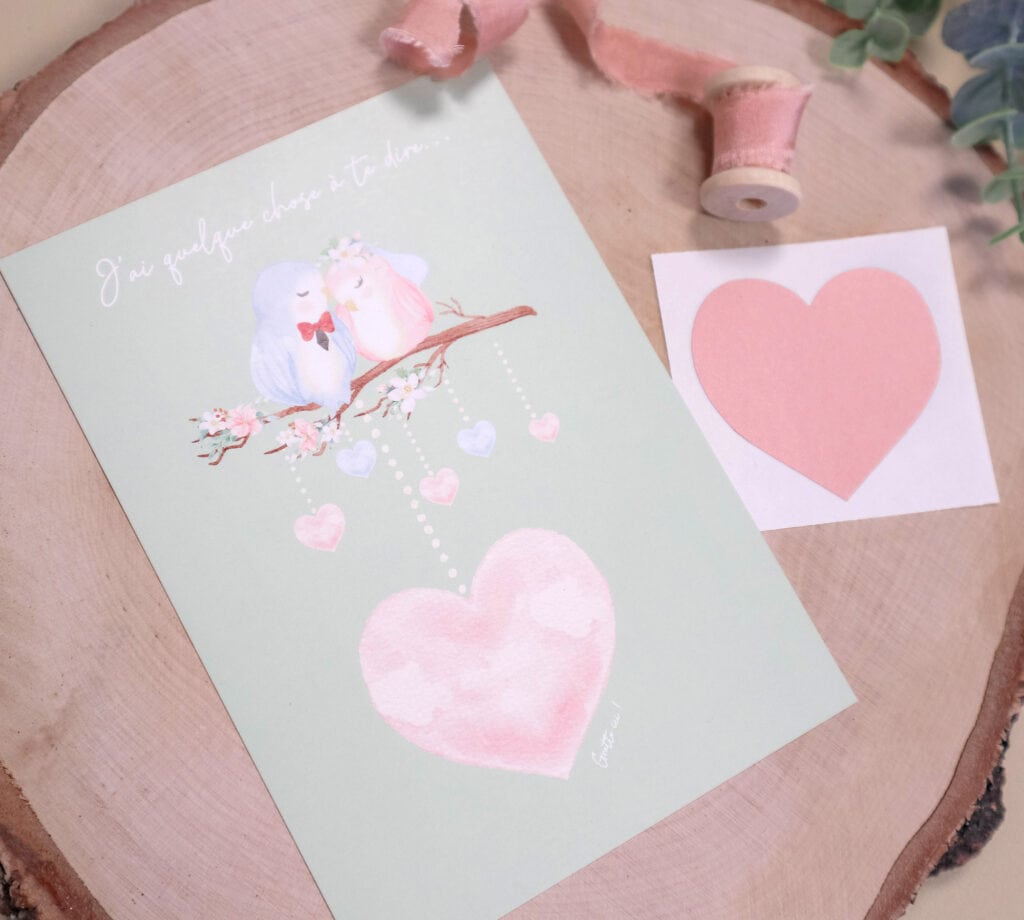 Carte à gratter à personnaliser pour demande en mariage, pacs, déclaration d'amour, fiançailles - Oiseaux Saint Valentin