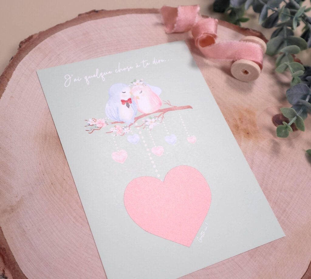 Carte à gratter à personnaliser pour demande en mariage, pacs, déclaration d'amour, fiançailles - Oiseaux Saint Valentin