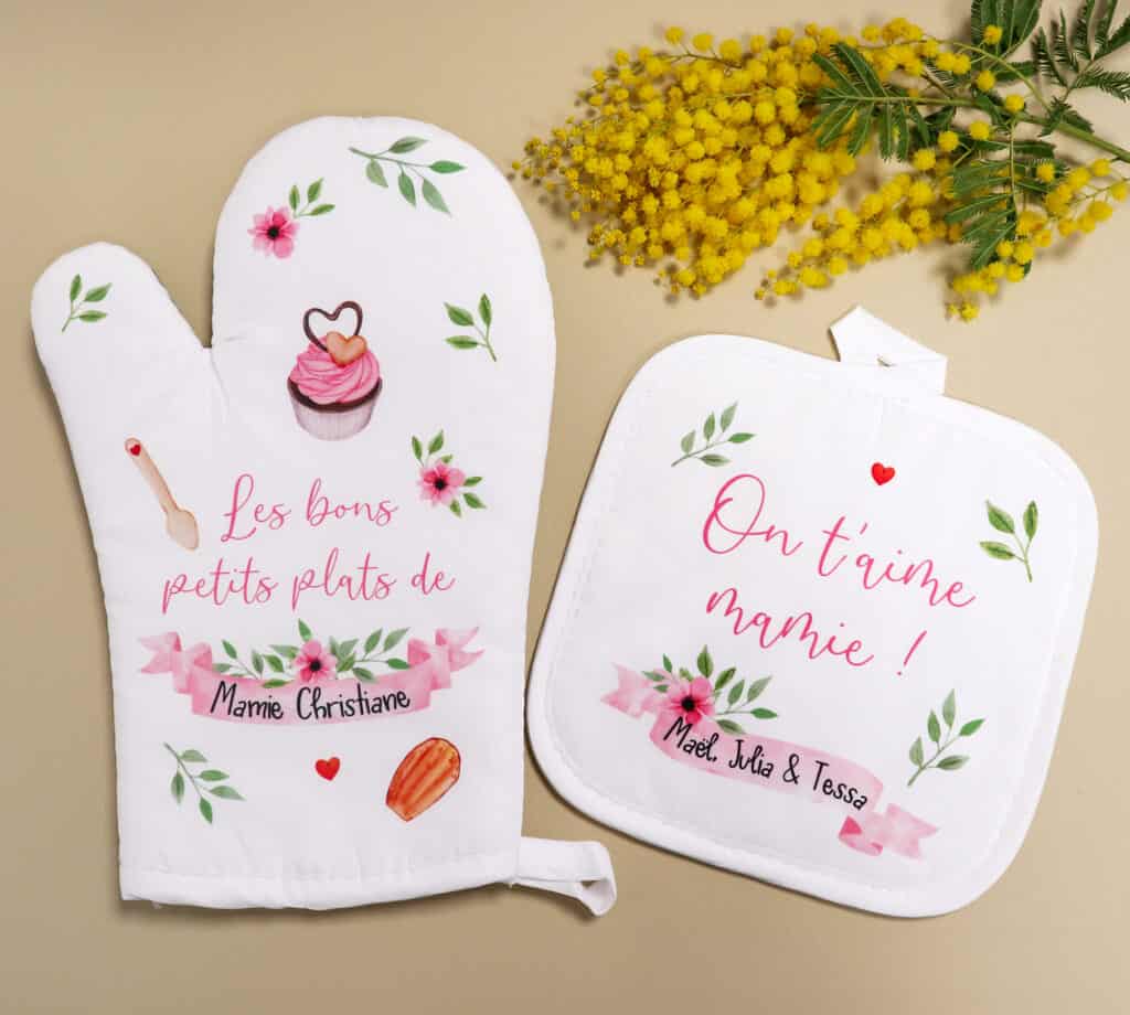 Duo de gant et manique de cuisine personnalisée, cadeau pour mamie, Fête des grands-mères
