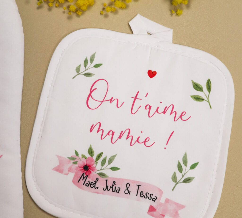 Duo de gant et manique de cuisine personnalisée, cadeau pour mamie, Fête des grands-mères