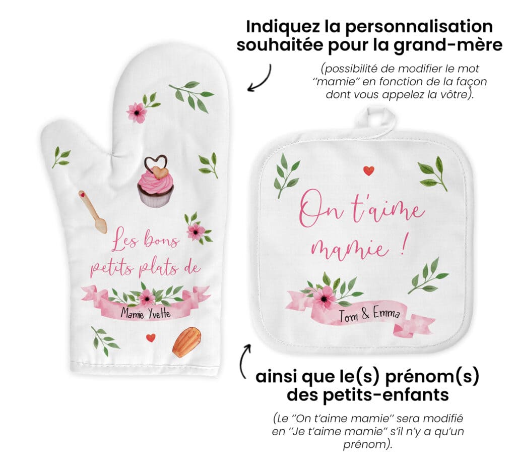 Duo de gant et manique de cuisine personnalisée, cadeau pour mamie, Fête des grands-mères