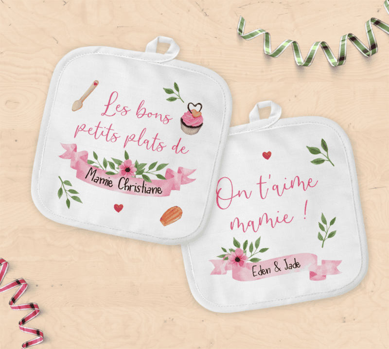 Duo de maniques de cuisine personnalisées, cadeau pour mamie, Fête des grands-mères