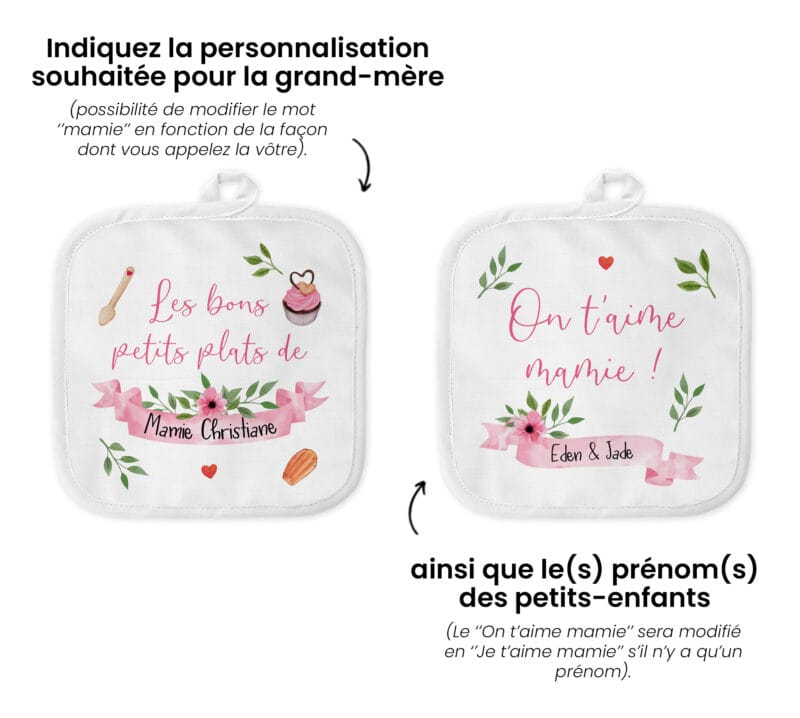 Duo de maniques de cuisine personnalisées, cadeau pour mamie, Fête des grands-mères