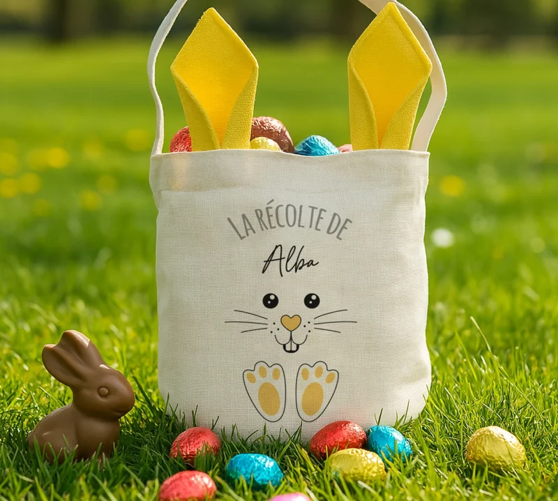 sac de pâques personnalisé enfant lapin rempli de chocolats chasse aux œufs