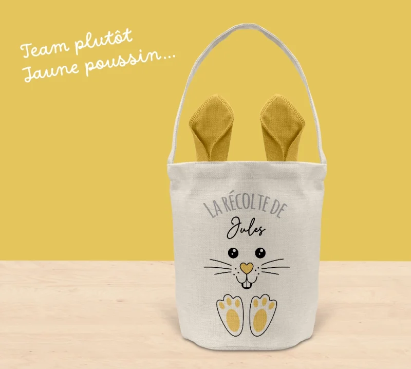 sac de pâques personnalisé enfant oreilles lapin jaune avec prénom