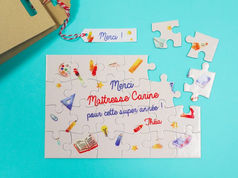Carte-puzzle personnalisé "Merci Maîtresse/Maître/Nounou pour cette super année !" - Cadeau de fin d'année scolaire