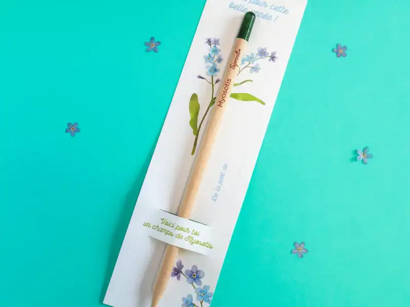Crayon à planter Myosotis - Cadeau fin d’année scolaire maîtresse, ATSEM, nounou - Carte Merci fleurie à offrir