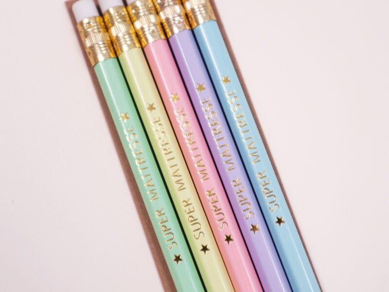 Lot de 5 crayons personnalisés "Super maîtresse/maître/atsem/nounou", cadeau fin d'année scolaire