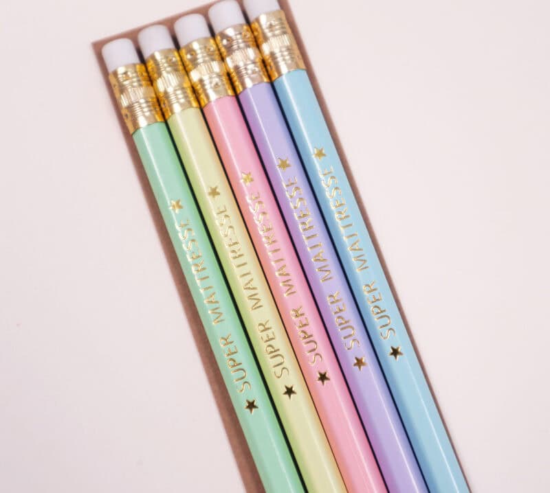 Lot de 5 crayons personnalisés "Super maîtresse/maître/atsem/nounou", cadeau fin d'année scolaire