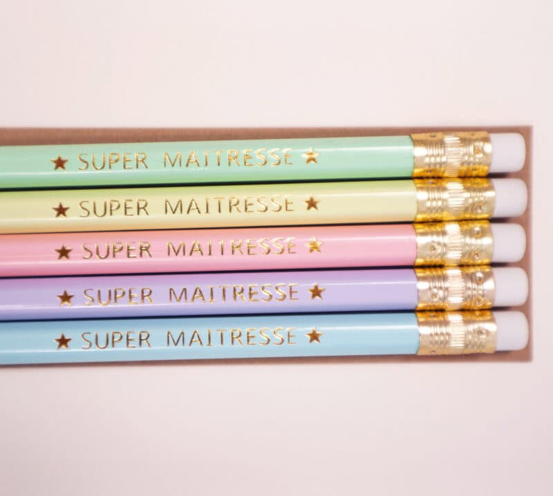 Lot de 5 crayons personnalisés "Super maîtresse/maître/atsem/nounou", cadeau fin d'année scolaire