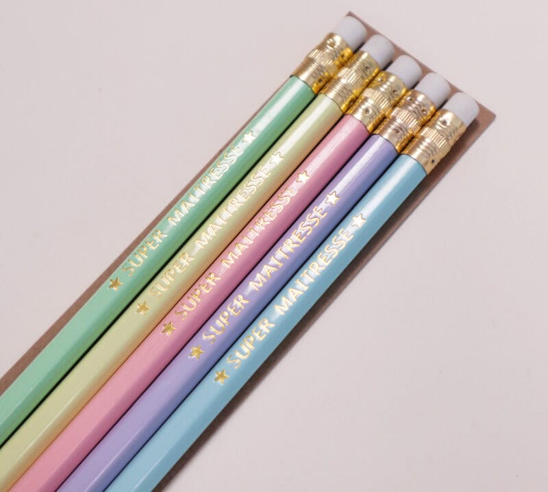 Lot de 5 crayons personnalisés "Super maîtresse/maître/atsem/nounou", cadeau fin d'année scolaire