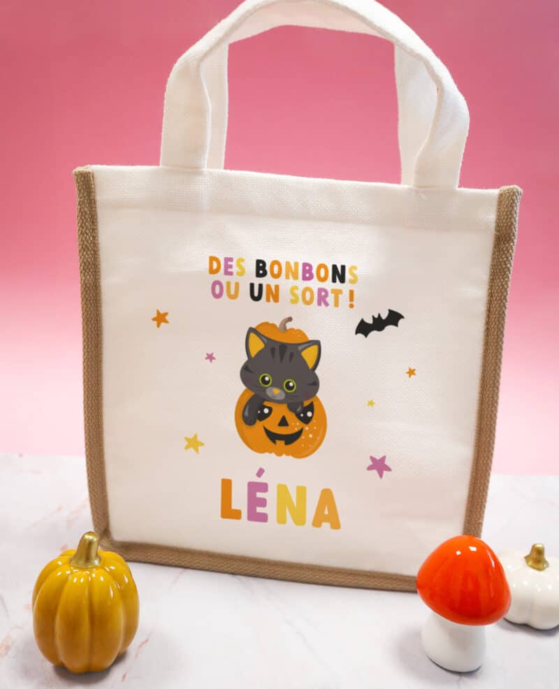 Petit cabas, sac enfant personnalisé pour récolte d'Halloween - "Des bonbons ou un sort !"