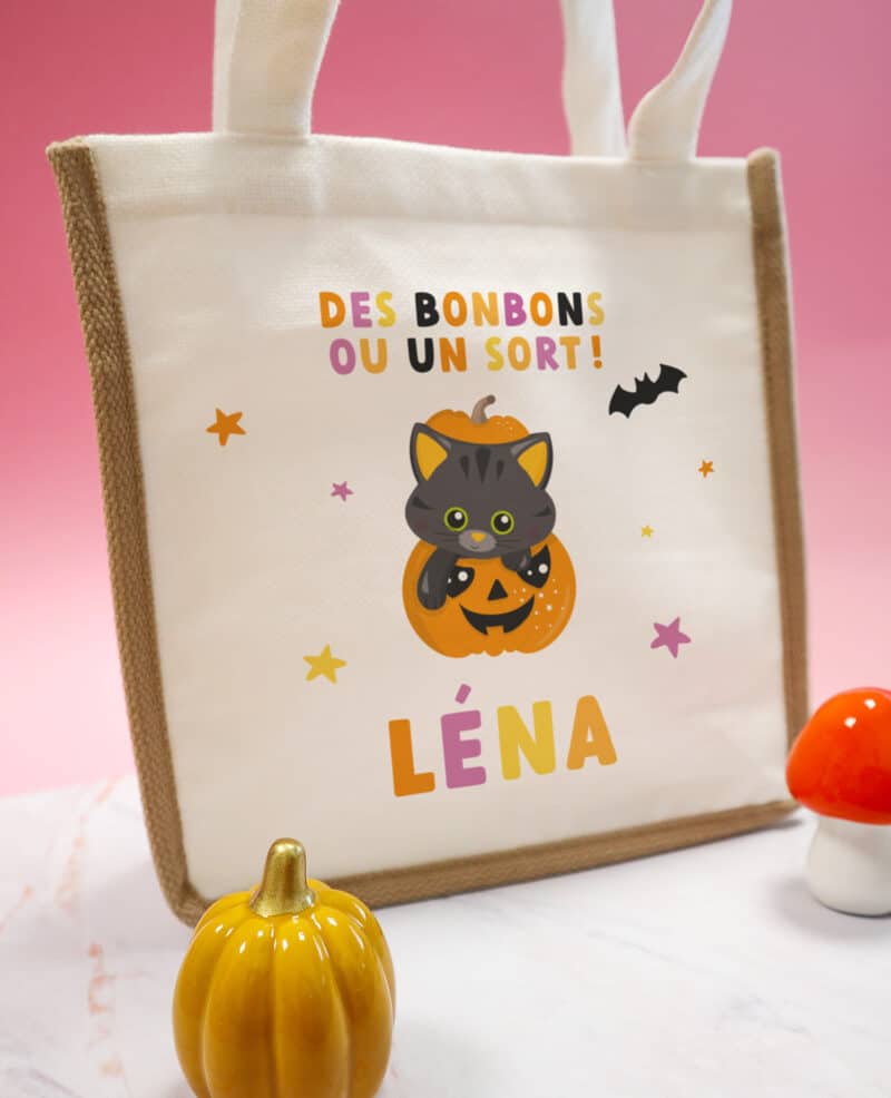 Petit cabas, sac enfant personnalisé pour récolte d'Halloween - "Des bonbons ou un sort !"
