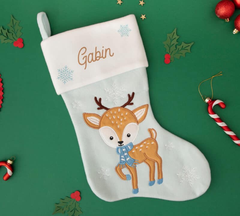 Chaussette de Noël personnalisée, grande botte de Noël à accrocher, Renne bleu
