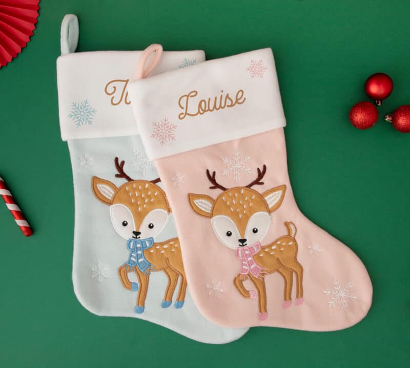 Chaussette de Noël personnalisée, grande botte de Noël à accrocher, Renne bleu et rose