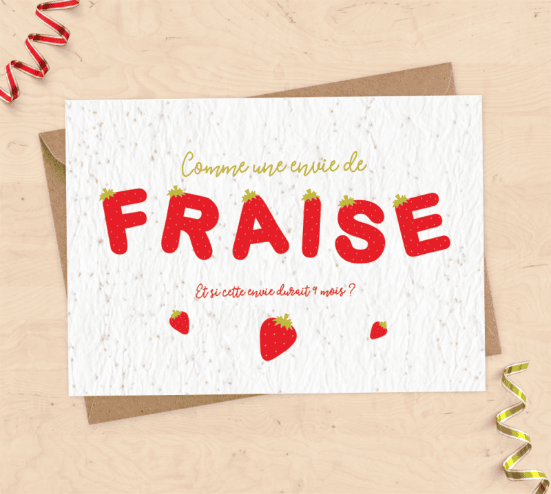 Carte à planter annonce grossesse – “Comme une envie de fraise” – Papier ensemencé avec graines de fraise – Idée originale future maman