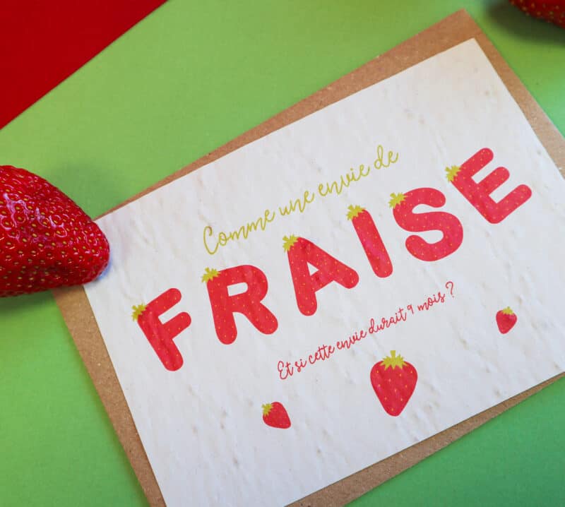 Annonce grossesse originale sur papier ensemencé aux graines de fraise