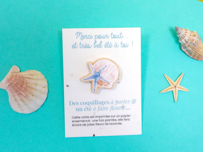 Carte à planter + Pin’s bois "Coquillage & Étoile de mer" - Cadeau fin d’année scolaire